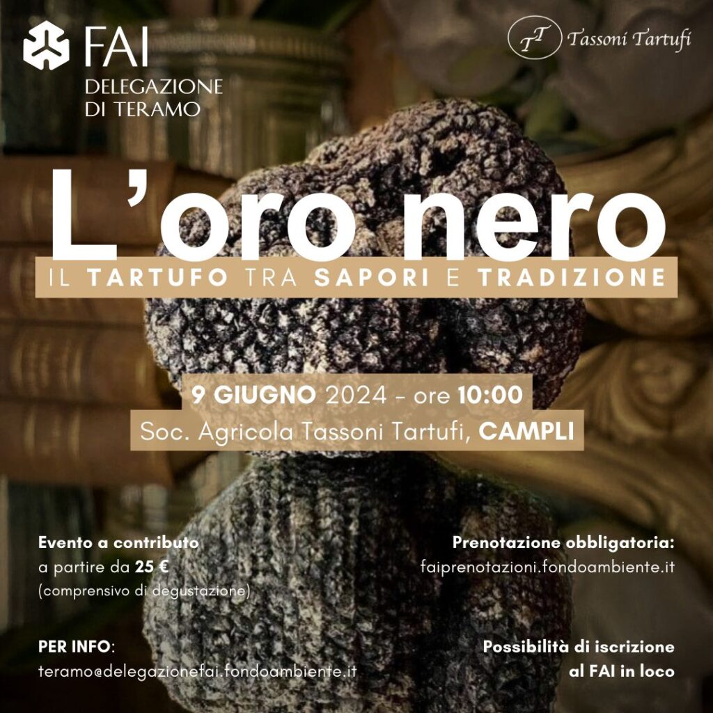 Domenica 9 giugno, dalle ore 10:00, a Campovalano di Campli, il FAI - Delegazione di Teramo, organizza un'attività esperienziale dedicata al mondo del tartufo, in collaborazione con la Società Agricola Tassoni Tartufi. 