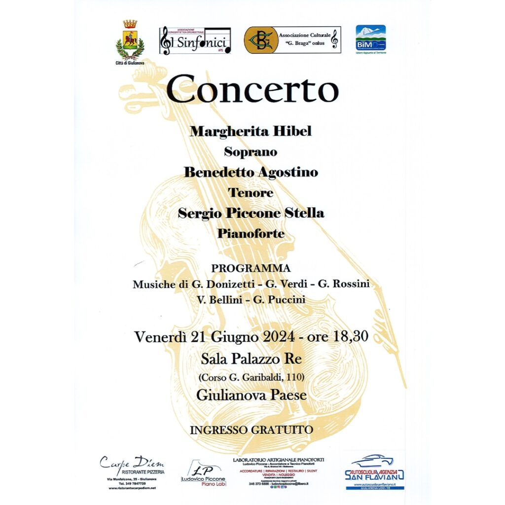 Si terrà venerdì 21 giugno alle 18.30 nella Sala Palazzo Re a Giulianova Paese il Concerto organizzato dall'Associazione 