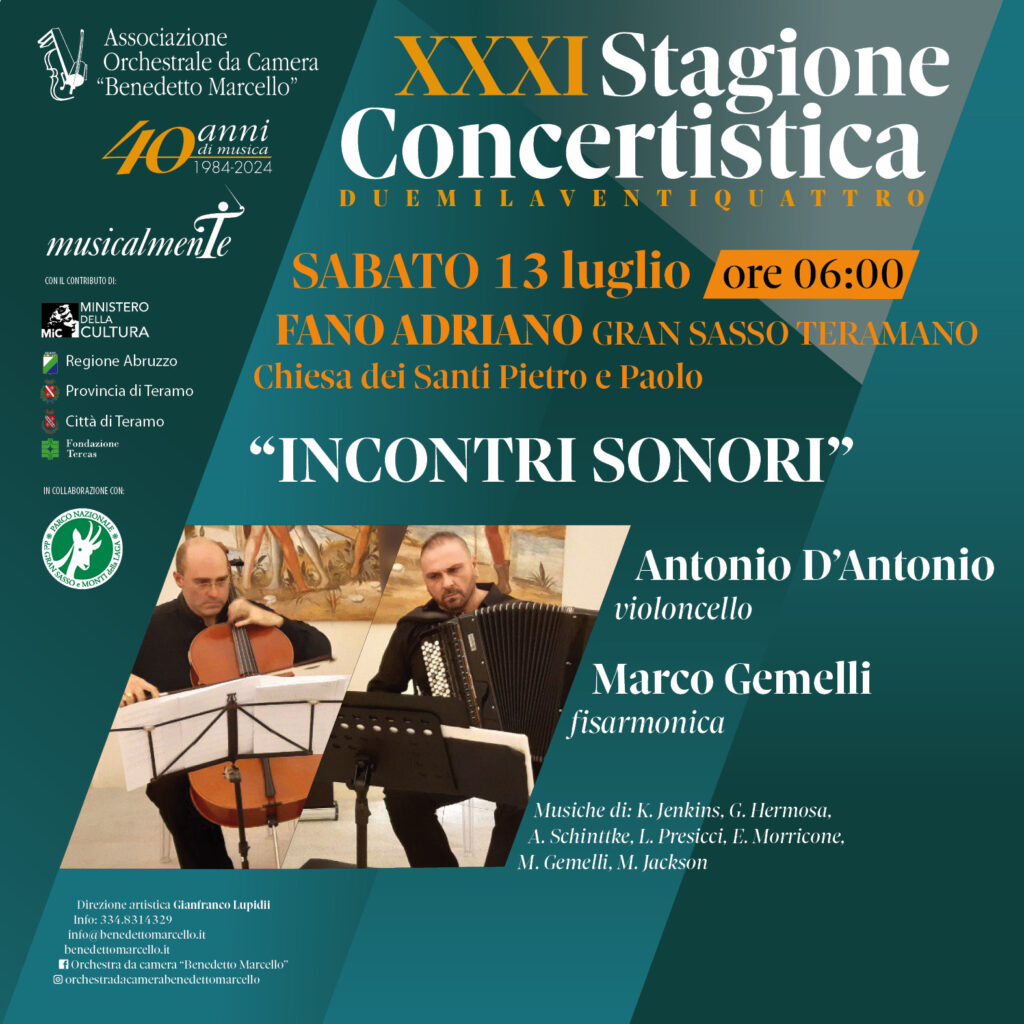 Sabato 13 luglio, per la XXXI Stagione Concertistica– MusicalmenTe 2024 organizzata dall’Associazione “Benedetto Marcello” di Teramo, concerto 